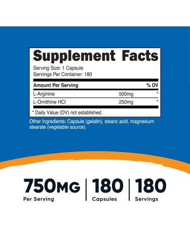 Nutricost L-Arginine L-Ornithine 750mg 180 Capsules - 180 Count - Buy Online on GoSupps.com