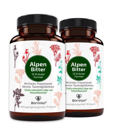 Bonvigo Alpenbitter Bitter substances 180 capsules - Bitter herbs such as gentian wormwood millet cholin supports liver fat metabolism digestion - stomach bitter formula according to monastery recipe