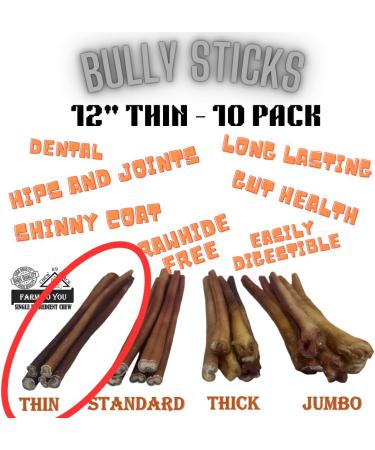 Bully Sticks - Low Odour - **12" Thin - 10 Pack Minimum** - Premium Single Ingredient Dog Chew - 100% Beef - All Natural/Organic - Dental Care - Rawhide Free - Buy Online on GoSupps.com