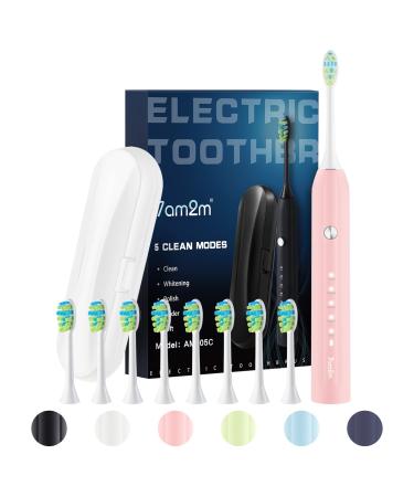 7am2m Sonic Electric Toothbrush for Adults and Kids with Travel Case and 8 Brush Heads 5 Modes with 2 Minutes Build in Smart Timer Roman Column Handle Design (Pink) Pink With Travel Case