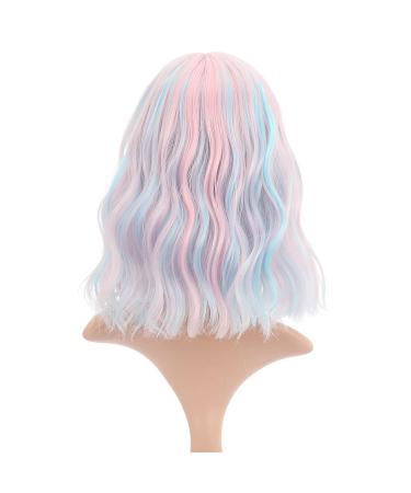Faelbaty Pink Short Wave Bob Wig - Pony Curly Synthetic Cosplay Wig for Girls & Women - Shoulder-Length Candy Color Costume Wig (12 Mixed Blue & Pink) - Buy Online on GoSupps.com
