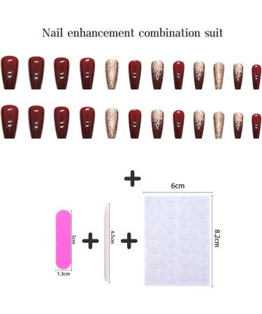 24pcs Short Coffin Red Glitter Gold Stick on False Nails | Press on Removable Glue-on Full Cover Fake Nails - Women Girls Nail Art Accessories - Buy Online on GoSupps.com