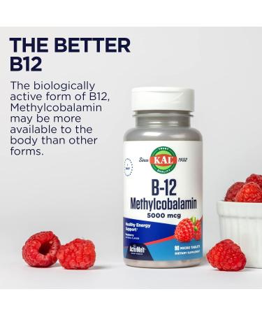 KAL Vitamin B12 Methylcobalamin 5000mcg | Healthy Energy & Metabolism Support | Fast Dissolve ActivMelts | Natural Raspberry Flavor | 90 Servings - Buy Online on GoSupps.com