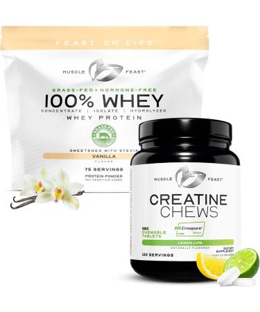 Muscle Feast 100% Whey + Creatine Candy Bundle: 1 100% Whey Protein (Vanilla 5lb) + 1 Creatine Candy (Lemon Lime 360) | Premium Supplements Vegetarian Gluten Free