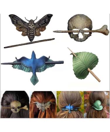 Halloween Skull Hair Pin Stick Slidewith Faux Bone Retro Gothic Hair Clips Hoop Decor Accessories Vintage Skull/Moth Hair Clips Scary Halloween Dressing Cosplay Props (4pcs)