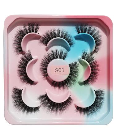 Mink Lashes Natural Look 3D Faux Mink Eyelashes Fluffy False Eyelashes Wispy Handmade Soft Reusable Fake Eye Lashes Multipack 1 pk x 5 pairs S01