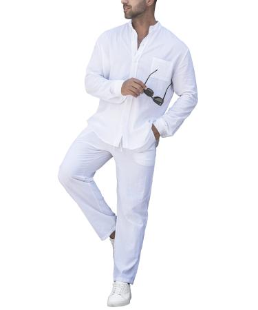 RPOVIG Linen Shirt Sets Outfits:Men's 2 Pieces Henley Shirts Long Sleeve Loose Yoga Pants Beach Clothing Medium White