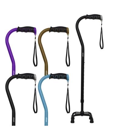 Vive Quad Cane - Walking Stick for Men and Women - Lightweight Adjustable Staff - Comfortable Right and Left Hand Grip for Stability Support - Four Prong Sturdy Aluminum Travel Aid - 4 Tip Black
