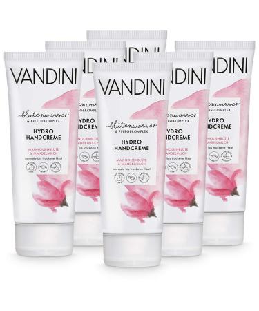 Vandini hydro hand cream women with magnolia blossom & almond milk - hand cream for normal to dry skin - vegan hand cream for women without silicones parabens & mineral oil (6x 75 ml) 6 pieces