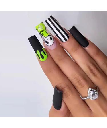 24Pcs Long Press on Nail Halloween Coffin Fake Nails Black White Stripes Cute Ghost Design Glossy False Nails for Women Girls Stick on Nails with Glue on Acrylic Nail Tips