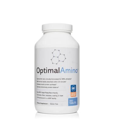 OptimalAmino Tablets (300 Count) | 99% Utilized Essential Amino Acid (EAA) Supplement, Increase Muscle Recovery, BCAA Protein Pre/Post Workout | NSF Certified for Sport Certified 300 Count (Pack of 1)