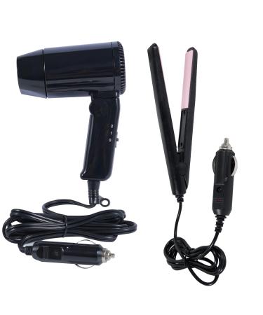 Unifizz 12V Black Portable Car Hot Cold Folding Travel Ideal Hair Straightener and Hair Dryer Kit with Foldable Handle