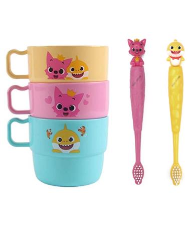 Baby Shark Cup with Handle-3P Family Plastic Cups (230 ml) and Toothbrush 2P with Cute Figures (3 to 6 Years Old)