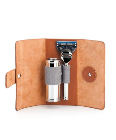 M hle Travel travel set-Silvertip fibre brush razor compatible with Gillette blades brown leather bag-chrome-plated metal handle