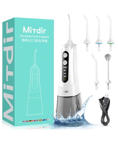 MiTdir Water Dental Flosser Oral Irrigator 5 Jet Tips 4 Modes IPX7 Waterproof 300ML Detachable Large Water Tank Portable Cordless Rechargeable Teeth Cleaner for Home&Travel (White)