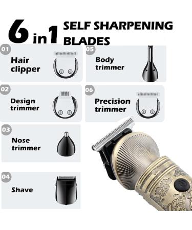 Pro Hair Clipper Hair Trimmer 6 in 1 Grooming Kit Hair Clipper Nose Trimmer Shaver Body Trimmer Professional Rechargeable Metal Vintage - Buy Online on GoSupps.com