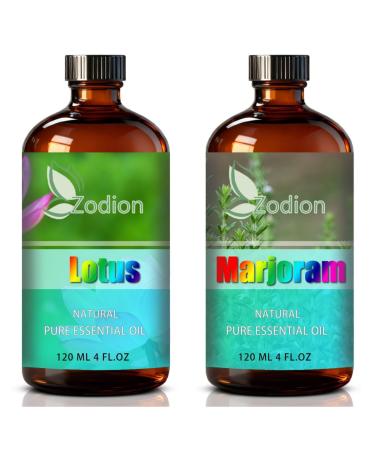Marjoram Essential Oil 4 Fl Oz and Lotus Essential Oil 4 Fl Oz - ZODION Marjoram & Lotus Oil for Diffuser Aromatherapy Home Fragrance Skin & Hair Care DIY Candle & Soap Making Yoga