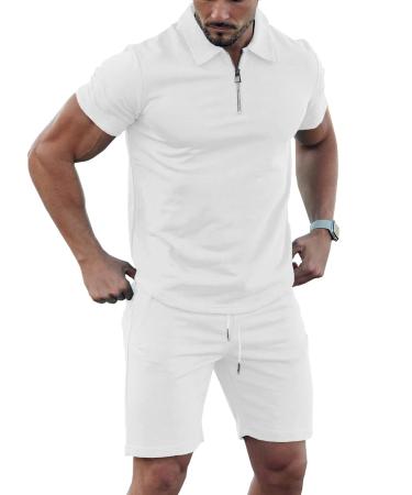 URRU Mens Short Sleeve Casual Polo Shirt and Shorts Sets Two Piece Summer Outfits Zip Polo Tracksuit Set for Men S-XXL White Large