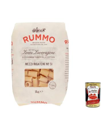 Italian Gourmet E.R. Rummo Mezzi Rigatoni N. 51 Durum Wheat Semolina Pasta 1 kg + Italian Gourmet Box Tomato Pulp 400 g