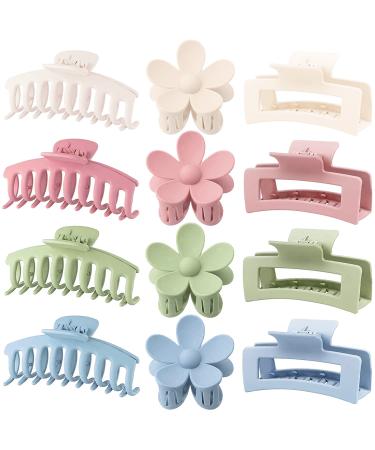 12 Pack Large Hair Claw Clips Flower Hair Clips Big Claw Clips for Thick Hair Big Hair Clips Square Matte Strong hold for Thin Hair Cute Hair Clips for Women 3 Styles Claw Hair Clip for Thick Thin Hair Blue Pink Khak...