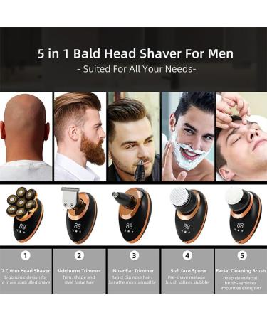 Buy 5 in 1 7D Rechargeable Head Shaver for Men - Golden Electric Razor Kit with USB & LED Display for Beard Ear Nose Hair Trimming - International Shipping Available - Buy Online on GoSupps.com
