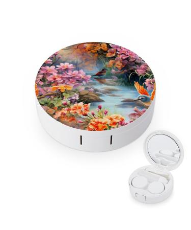 Flowers with Birds Contact Lens Travel Kit Portable Cute Contact Box with Mirror for Daily Outdoor