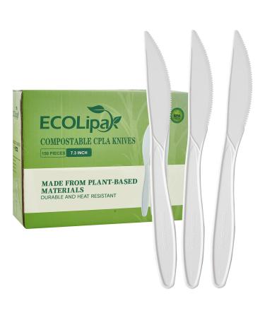 ECOLipak 100% Compostable Knives, 150 Pack Large Disposable Silverware Knives(7"), Heavy Duty Biodegradable CPLA Utensils Knives for Party, BBQ, Picnic