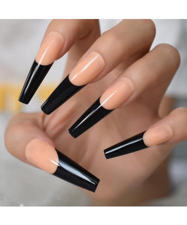 Black Lace French Artificial Nails - Extra Long Coffin Shiny Acrylic U-Shaped Tips - 24-Piece Party Set for Women - Buy Online on GoSupps.com
