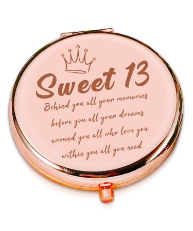 LRUIOMVE Sweet 13 Happy Birthday Gifts for Girls Rose Gold Travel Makeup Compact Mirror for Sister Daughter Niece  Inspirational Gifts for 13 Years Old Girl for Graduation