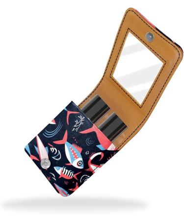 Premium Leather Lipstick Case Organizer with Mirror - Mini Lip Gloss Holder - Abstract Ocean Fish Design - Buy Online on GoSupps.com