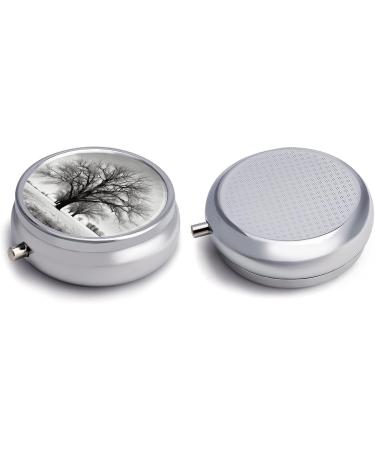 Round Pill Box - Black and White Tree Print | 3 Compartment Portable Pill Organizer - Decorative Metal Pocket Medicine Case - Buy Online on GoSupps.com