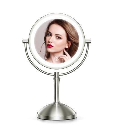 Benbilry 8 Lighted Makeup Mirror with 1X/10X Magnifying LED Light Mirrors 3 Color Dimmable Lights Double Sides Rechargeable Cordless Swivel Vanity Mirror with Lights and Magnification Nickel Nickel-not Detachable