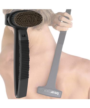 Bearback Dry Brush for Back & Body. Premium Boar Bristle Brush for Exfoliation  Circulation  Lymphatic Cleansing  Cellulite Reduction. Ergonomic Long Reach Folding Handle with Removable Brush. (Black)