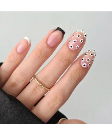 Justotry 24 pieces angular nails to stick on short black French artificial nails medium flowers classic artificial nails press on nails square fingernails fake nails short for women flower & black2