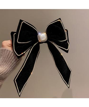 Velvet Black Hair Bow Barrette with Pearl Rhinestone - French Style Hair Accessory for Women and Girls - Halloween Party - Black - Buy Online on GoSupps.com