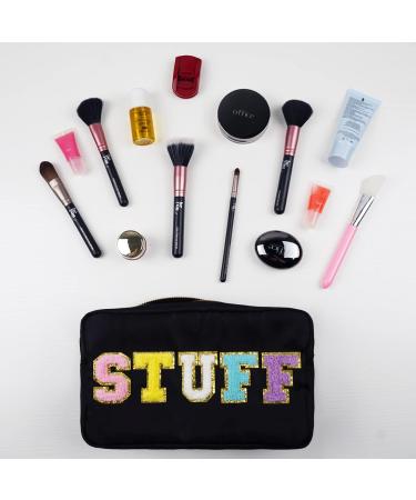 Chenille Letter Nylon Waterproof Makeup Bag for Women - Preppy Valentines Day Travel Organizer Pouch for Toiletries and Cosmetics Storage - Black - Buy Online on GoSupps.com
