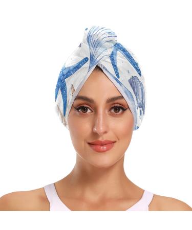 Colorful Sea Starfishes Shells Hair Towel 2 Pack Super Absorbent Hair Drying Towel Quick Dry Hair Turbans Head Towel with Button Twisty Wrap for Women Girls