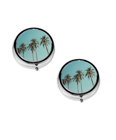(Palm Tree) Round Pill Box 3 Compartment Pill Box Mini Decorative Pocket Purse Portable Travel Medicine Tablet Vitamin Holder Organizer Pill Case