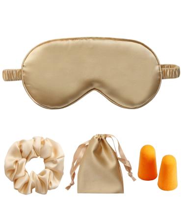 Lucky Whale Silk Satin Sleeping Eye Mask, Soft Sleep Eye Night Blindfold for Women and Men, Eyeshade Cover with Satin Hair Scrunchies and Ear Plugs, Wedding Bridesmaid Gift, Gold