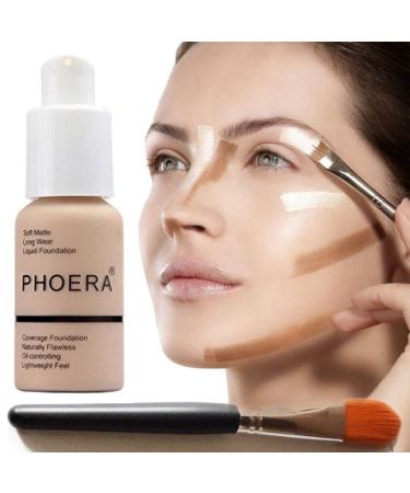 Glamza PHOERA Full Coverage Matte Foundation + Concealer Makeup Long Lasting UK - 102 NUDE + Flat Face Brush - Buy Online on GoSupps.com