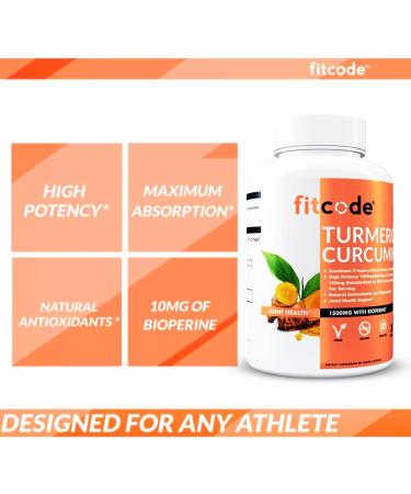 Fitcode 1500mg Turmeric Curcumin with 95% Curcuminoids & BioPerine - Highest Potency, Gluten-Free, Non-GMO - 30 Veggie Capsules - Buy Online on GoSupps.com