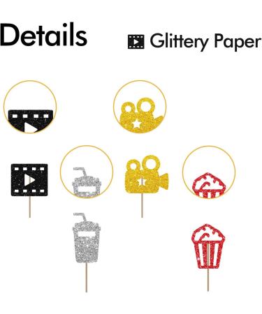 Movie Cupcake Toppers Hollywood Baby Shower/Birthday Party Decor Roll Camera Popcorn Sign Dessert Picks Movie Night Themed Party Decoration - Black & Red Glitter - Buy Online on GoSupps.com