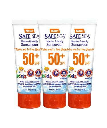 Safe sea SPF50+ 3.4 oz. tube sunscreen - Jellyfish and Sea lice protective lotion. Very Water Resistant Sensitive skin and Reef-Safe Sunscreen. (3.4 oz. tube 3 pack)