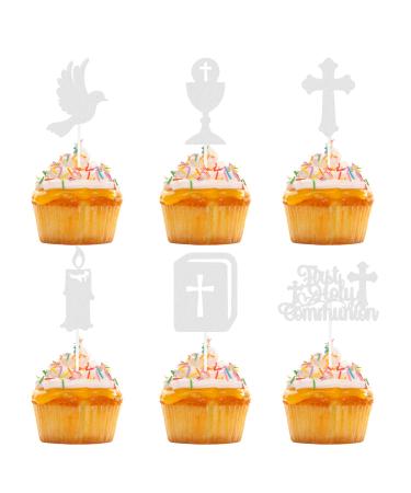 Dohia First Holy Communion Cupcake Toppers Glitter Dove Cross Cupcake Picks for Baptism First Communion Theme Baby Shower Birthday Party Cake Decorations D1-SZJGZCP (Silver)