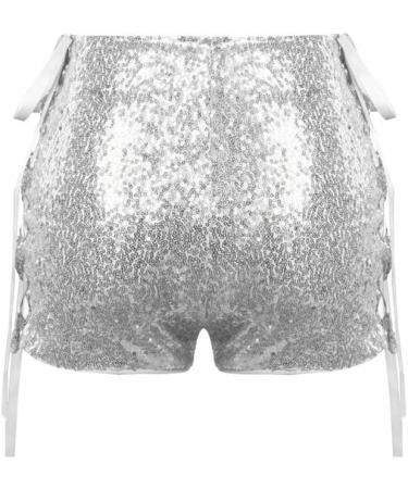 Duohropke Women's Metallic Hotpants | High Waist Sequin Glitter Shorts for Dance Disco & Carnival - Silver M02 - Buy Online on GoSupps.com