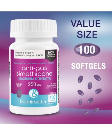 BARE & BETTER Gas Relief SoftGels 250mg - 100 Count Value Size - Maximum Strength Simethicone for Fast Relief - Buy Online on GoSupps.com