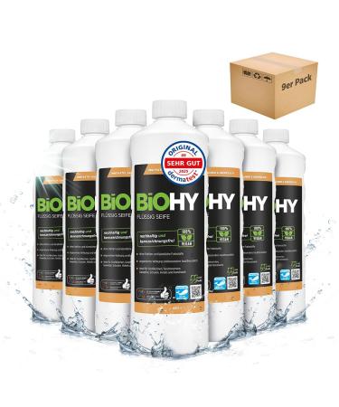 BIOHY BiOHY Liquid Soap (9 x 1 Liter) | Skin-friendly moisturizing & liquid hand soap | PHOSPHATE-FREE | Odorless hygiene | Also suitable for the face | Without perfume & dyes
