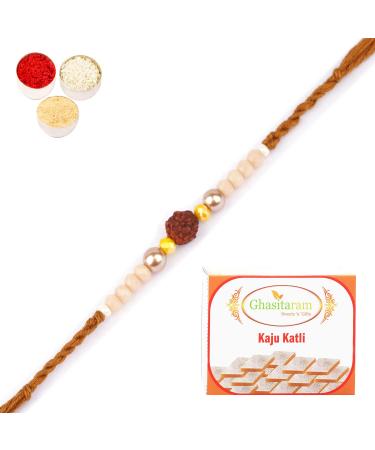 Ghasitaram Gifts Rakhi for Brother Rakhis Online - 1908- Rudraksh Rakhi with 400 GMS of Kaju katli