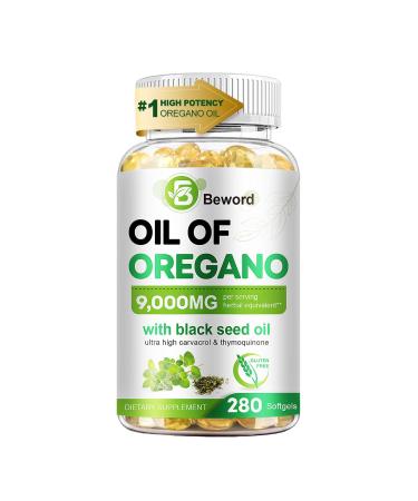 Oil of Oregano with Black Seed Oil 90/280/560/840 Softgels 9000mg Per Serving 2-in-1 Oregano Supplement for Immune Health with High Carvacrol & Thymoquinone | Plant-Based Non-GMO 280 Count (Pack of 1)