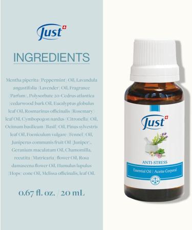 Swiss Just Stress Relief Essential Oil 20ml | 15 Natural Oils Blend with Basil & Lavender for Anti-Stress - Buy Online on GoSupps.com